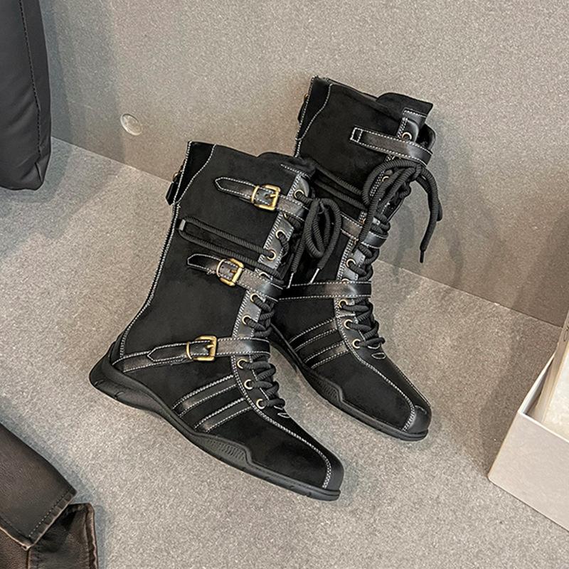 Cowhide Version~ Inner Height Increase 5cm Retro Leather Boxing Boots Women's Niche Belt Buckle Short Boots Rear Zipper Martin Boots