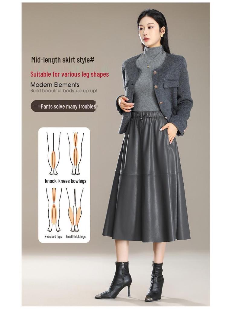 High-Waisted Genuine Leather Midi Skirt for Women - Autumn/Winter 2025 Collection with Elastic Hem