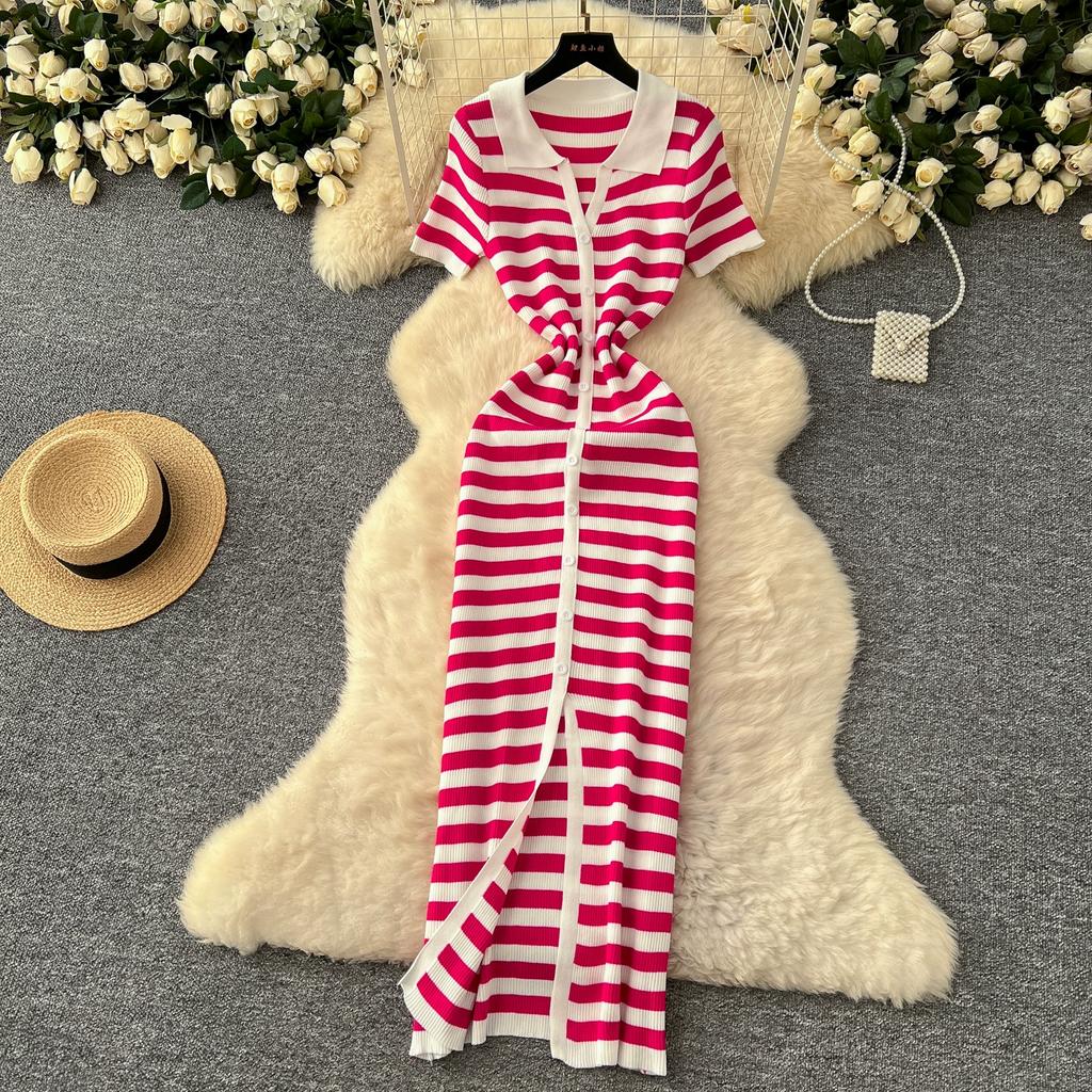 Summer Women Casual V-neck Striped Knitted Sweater Long Maxi Split Slim Bodycon Sheath Dresses