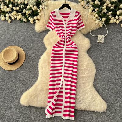 Summer Women Casual V-neck Striped Knitted Sweater Long Maxi Split Slim Bodycon Sheath Dresses