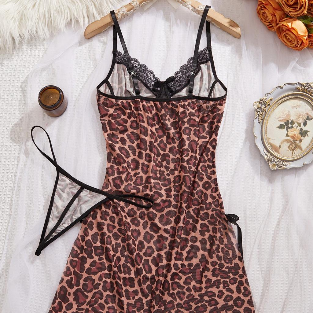 Source, New European and American Models, Comfortable and Breathable Leopard Print Lace Mesh Sexy Suspender Nightdress