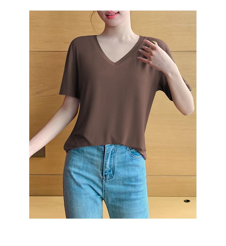 Short Sleeve Black Facial Mask T-shirt Female Summer V-neck New Ice Silk Low Neck Loose Spring and Autumn Top JS