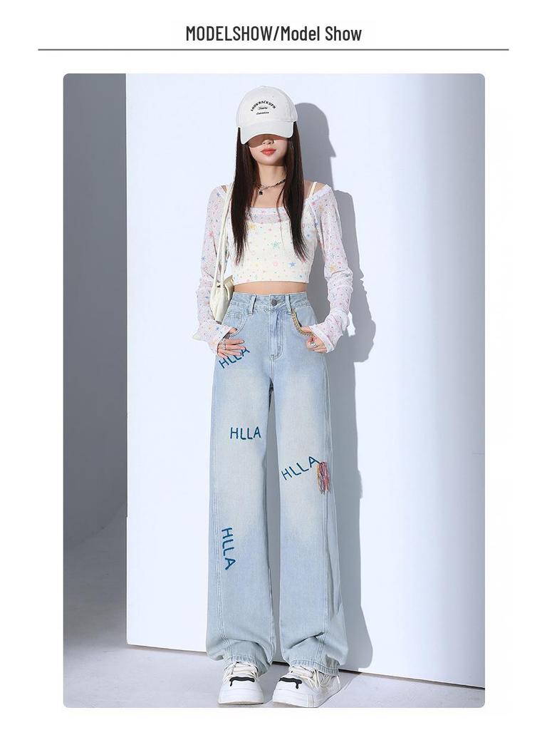 Korean Embroidered Jeans for Women - 2025 Spring/Summer Collection: Loose, Slim, Straight-Leg Design