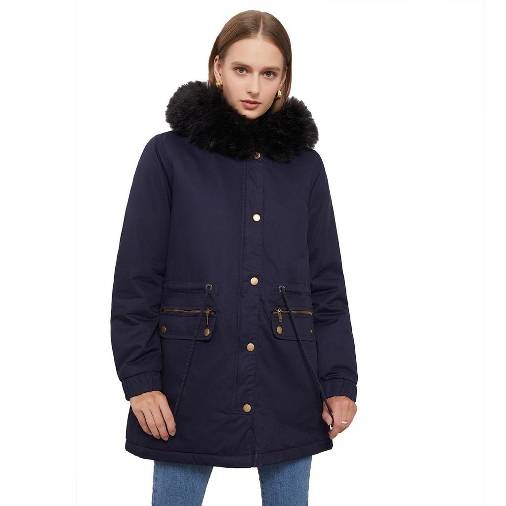 Women's Fleece-Lined Hooded Parka with Fur Collar - Warm Loose-Fit Cotton Jacket, European Size (2021 Autumn/Winter Collection)