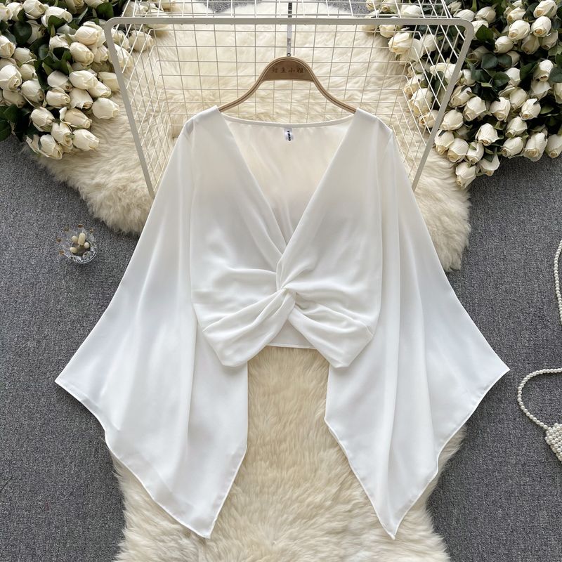 Niche Style V-neck Knot Flared Chiffon Long Sleeves Shirt