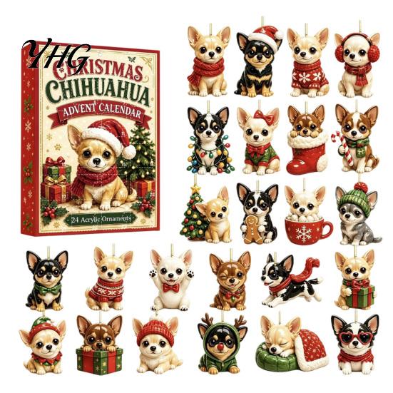 Christmas Countdown Calendar 24 Day Dog Advent Calendar, Cute 2D Flat Chihuahua Hanging Ornaments, Holiday Gift for Lovers Different Acrylic Pendants