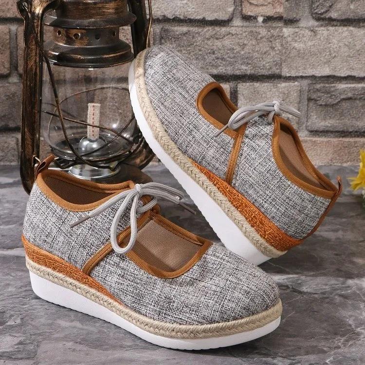 Handmade Slope Heel Cloth Shoes Women Breathable Comfort Mum Shoes Tenis Platform Non-slip Casual Footwear Front Tie Sneakers