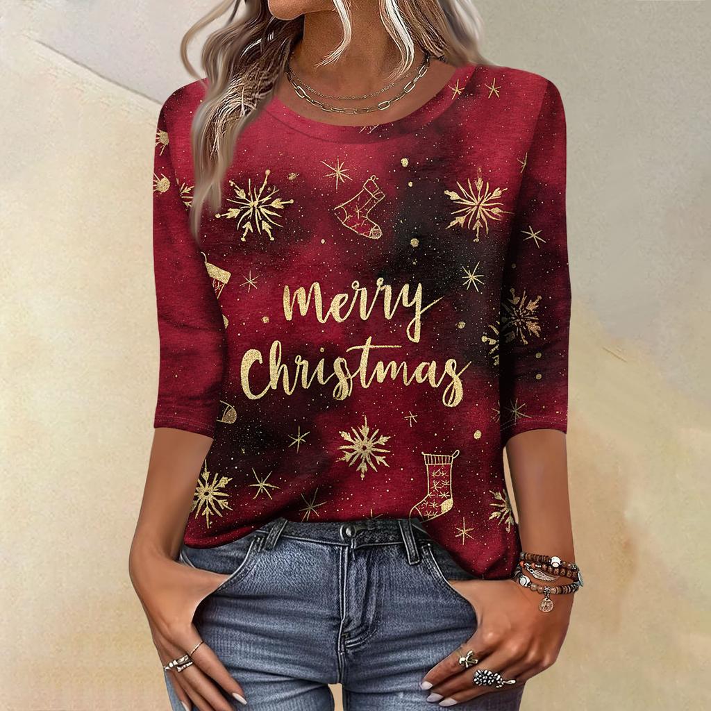 Women's Fashion Casual Christmas Tree Printed Round Neck Three-Quarter Sleeve T-Shirt Top