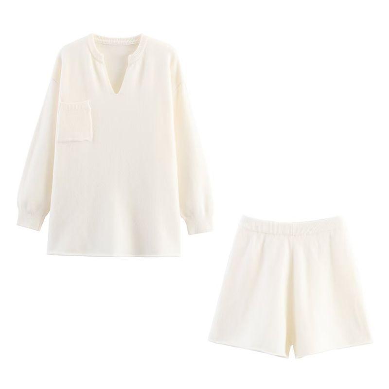 Za Autumn New Women Clothes 2025 Western Style Versitile Fashion Simple Curling Knitted Top Shorts Set