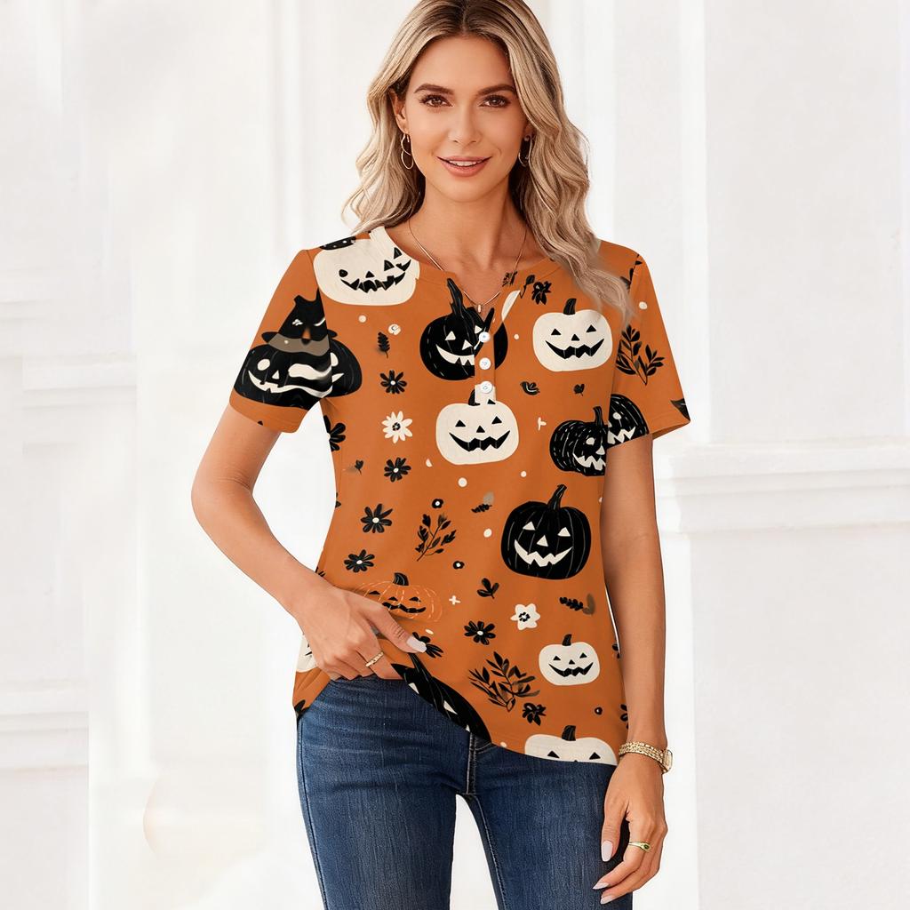 Women Casual Halloween Print V Neck Short Sleeve Button Decor T Shirt Top Lightweight Comfortable Fashionable Design