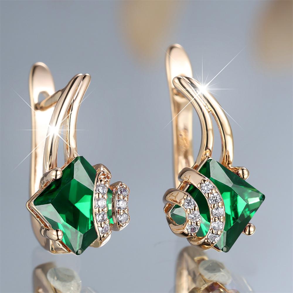 Cute Green Crystal Square Stone Geometric Hoop Earrings For Women Vintage Gold Color Ear Buckle Wedding Jewelry Engagement Gifts