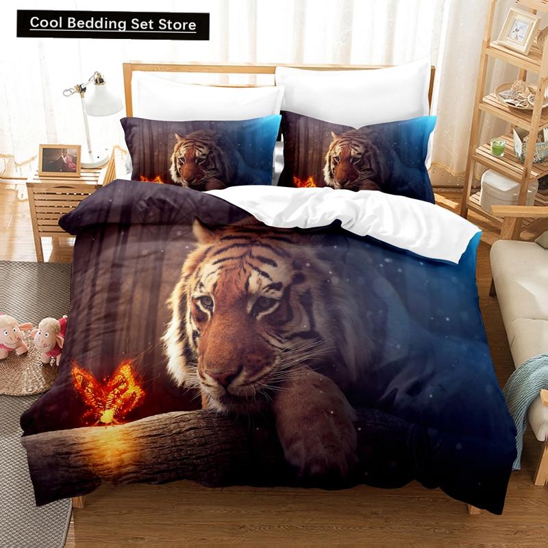 Comforter 3D Tiger Bedding Set King Queen Full Twin Size Brown Animal Jungle Wildlife Comforter Polyester