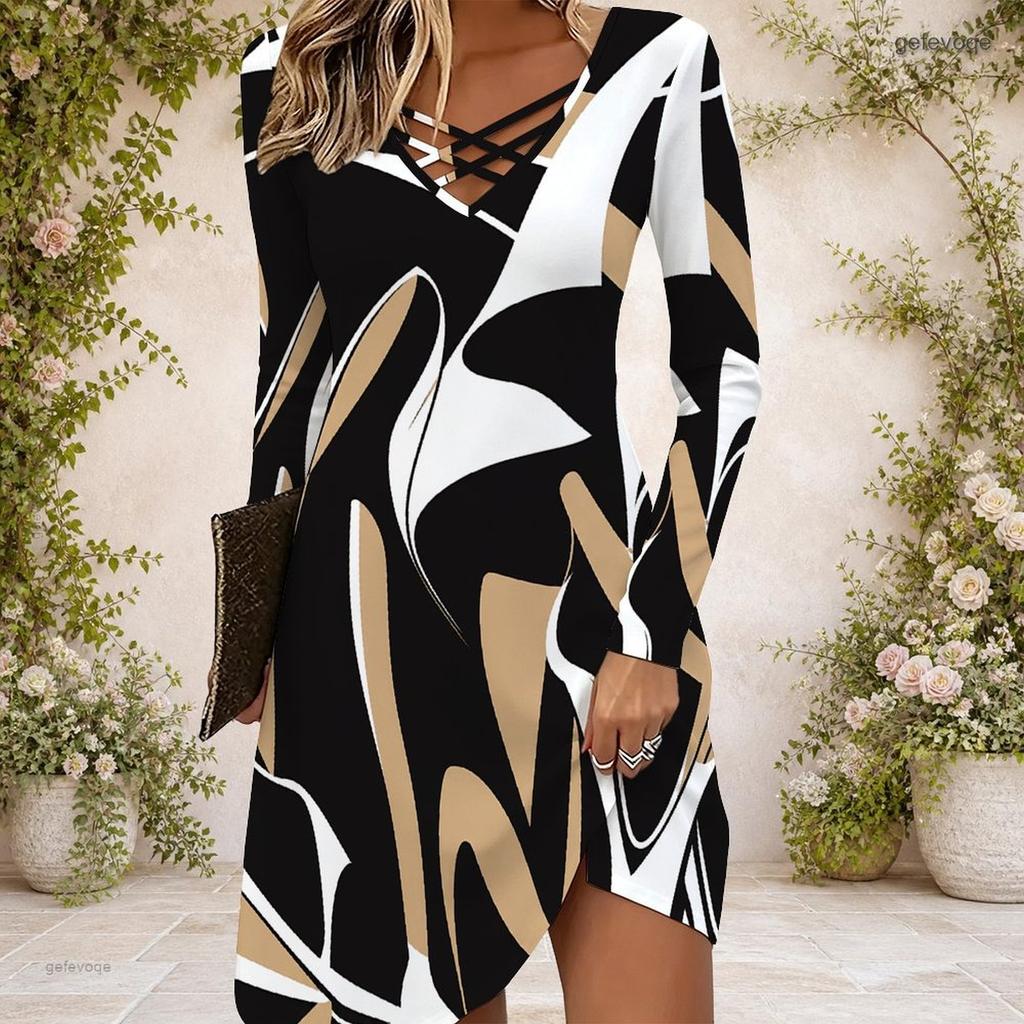 Women Criss Cross V Neck Long Sleeve Printed Fitted Curved Hem Dress