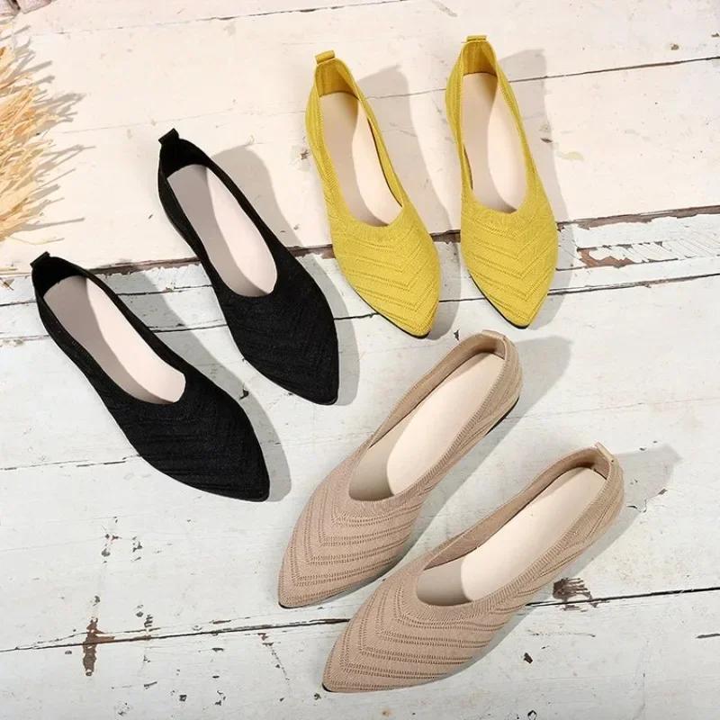Pointed Toe Flat Shoes Solid Color Knitted Women'S Shoes Casual Breathable Ballet  De Mujer Flats Women Loafers Sneakers