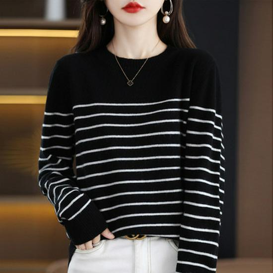 Women's Wool Round Neck Sweater - Autumn/Winter Striped Loose Knit Base Layer