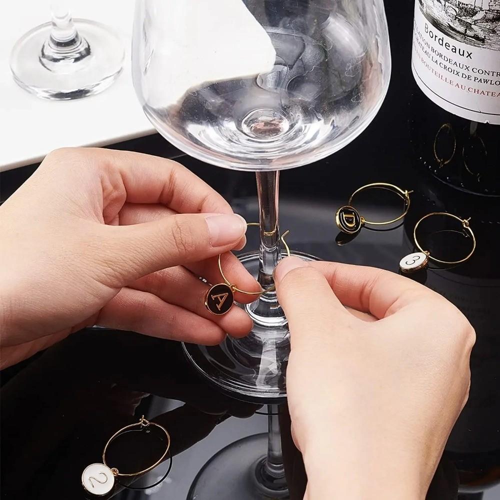 26Pcs DIY Wine Glass Markers Letters Pendant Wine Labeling Wine Glass Charm Rings Metal Wine Glass Hoops Jewelry Accessories
