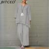 BITCED Women's Solid Vintage Pants Set Cotton Linen Casual Long Sleeve Loose Cotton Set
