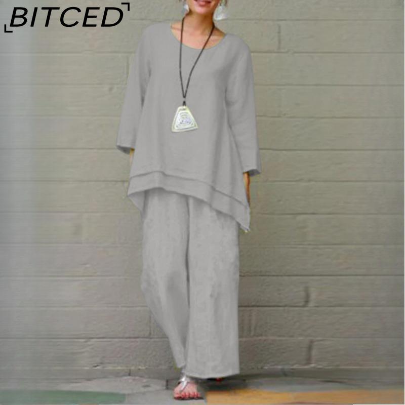 BITCED Women's Solid Vintage Pants Set Cotton Linen Casual Long Sleeve Loose Cotton Set