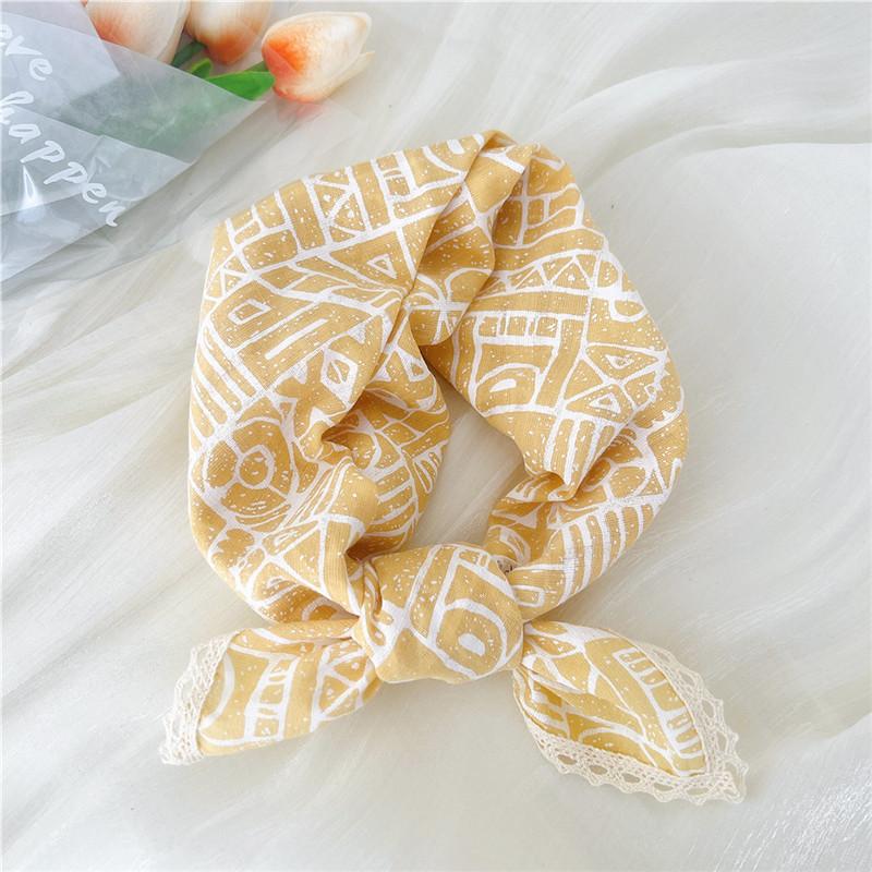 Cotton Linen Lace Edge Square Scarves 60cm Kerchief Neckerchief Bandanas Women Casual Neck Scarf Plaid Print Geometric Pattern