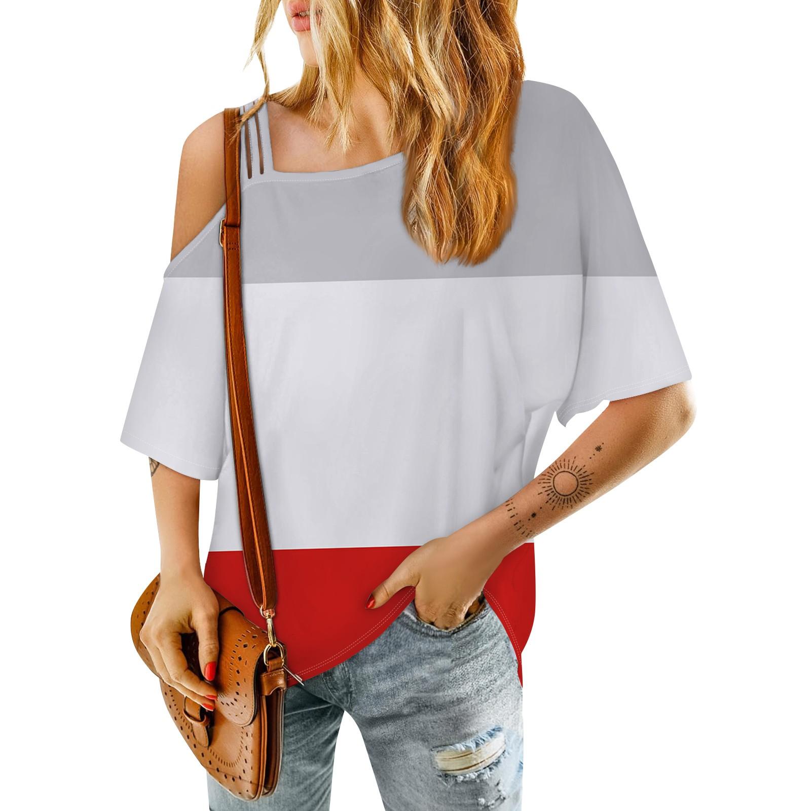 Женская модная повседневная футболка с цветными блоками на одно плечо — фото 10