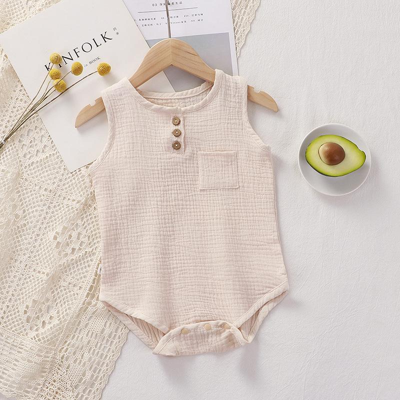 Summer Infant One-piece Clothes 0-3Y Newborn Cotton Gauze Bodysuit Baby Girl Boy Sleeveless Button Design Breathable Romper
