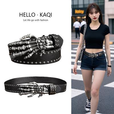 Shibuya Spice Hip Hop Punk Subculture Accessories Skull Hand Riveted Leather Belt Pants Belt Triple Leather Ring