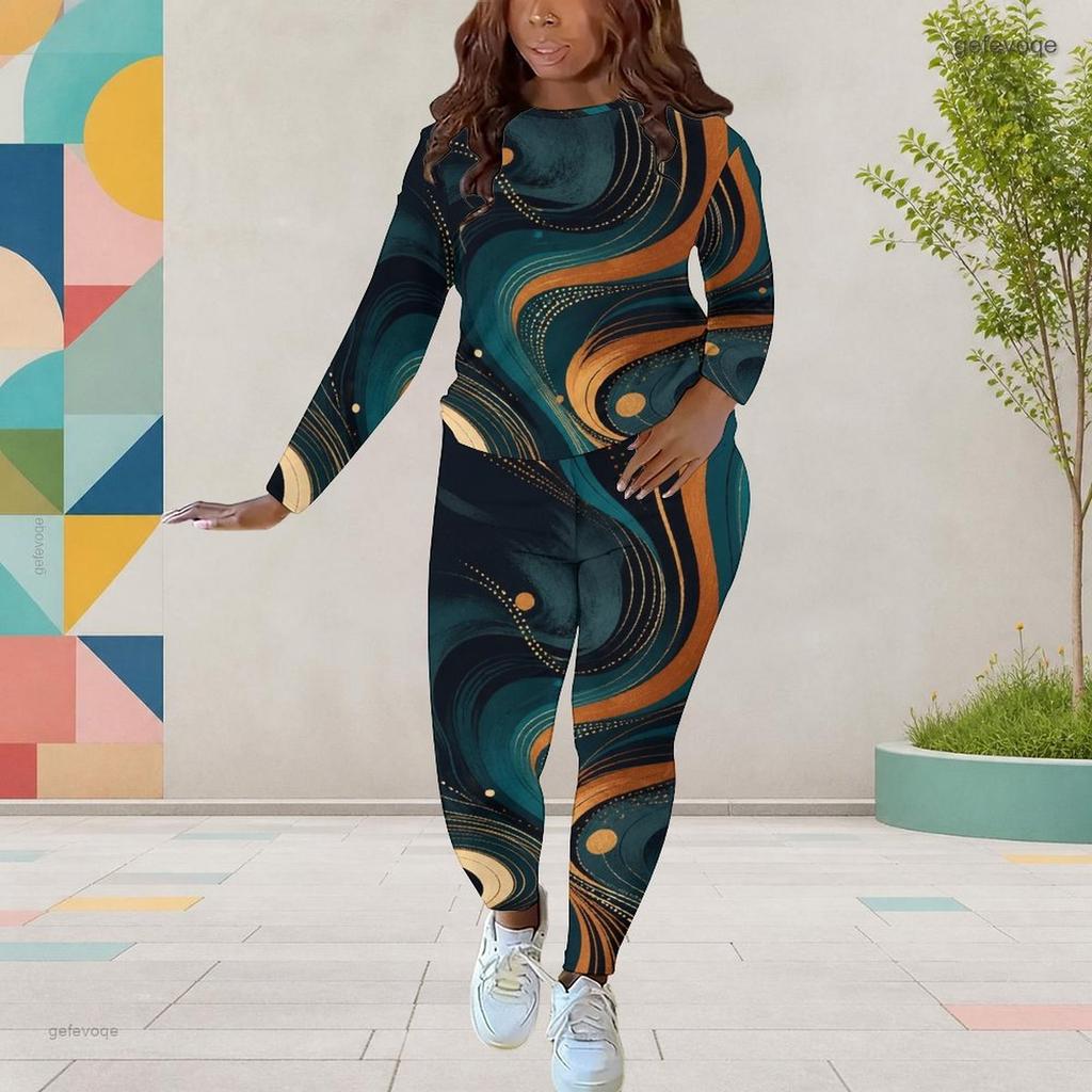 Women Plus Size Tie Dye Printed Round Neck Long Sleeve Top Fitted Pants Two Piece Set