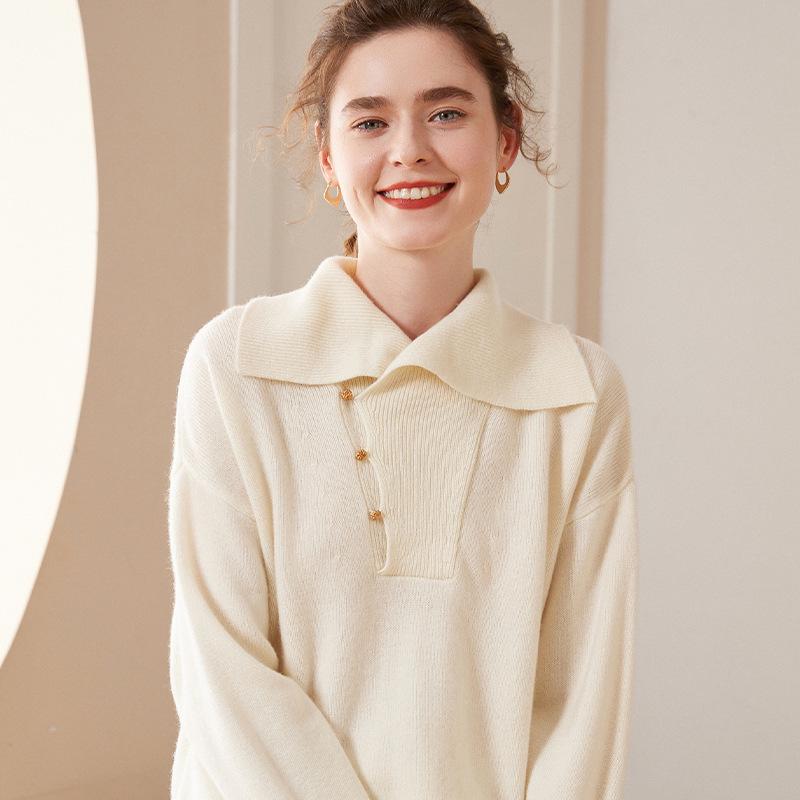 Women's Solid Color Cashmere Lapel Knit Sweater - Long Sleeve, Loose Fit, Warm Pullover for Autumn & Winter