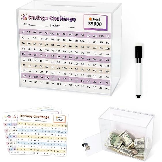 Reusable Money Saving Box with Key, Clear Piggy Bank for Adults Teens, Openable Savings Challenge Box, Cash Vault Suitable as a Tip Jar or Donation Small