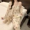 Hot-Selling 2024 Women's Long Sleeve Floral Pajama Set - Sexy Spring & Autumn Three-Piece with Chest Pads