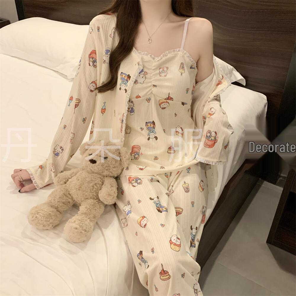 Hot-Selling 2024 Women's Long Sleeve Floral Pajama Set - Sexy Spring & Autumn Three-Piece with Chest Pads