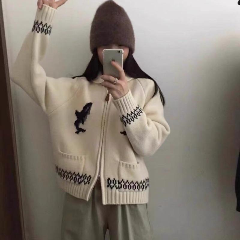 Reißverschluss Revers Jacquard Pulloverjacke Damenbekleidung Herbst und Winter Neu Locker Lässig Gestrickte Cardigan Top