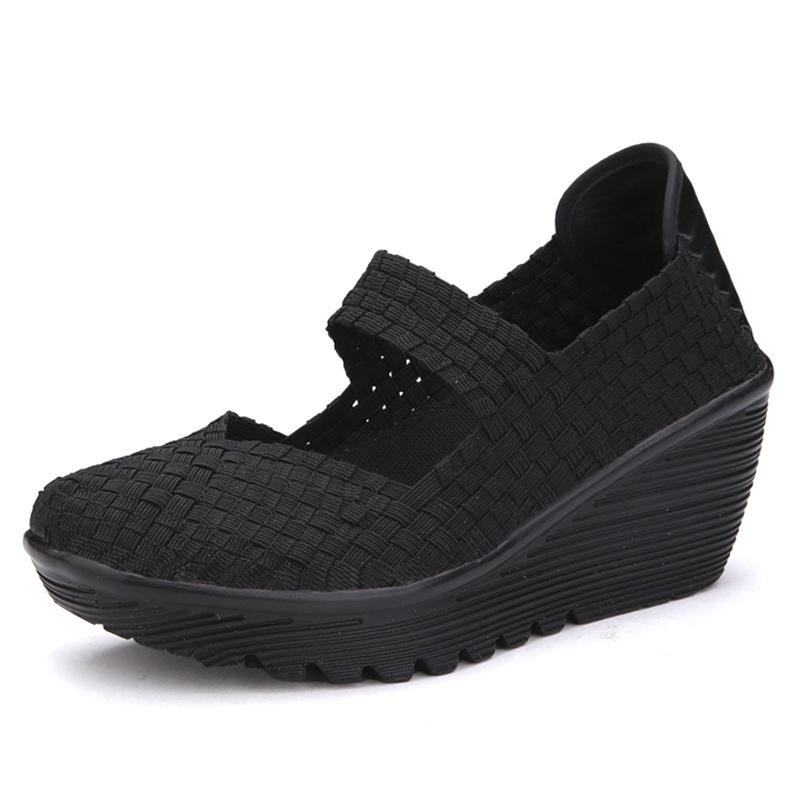 Dámské tkané elastické robustní podpatky na klínu Platforma pro volný čas Nízké podpatky Lehká prodyšná Mary Jane pro ženy Nazouvací lodičky Boty Vycházková obuv