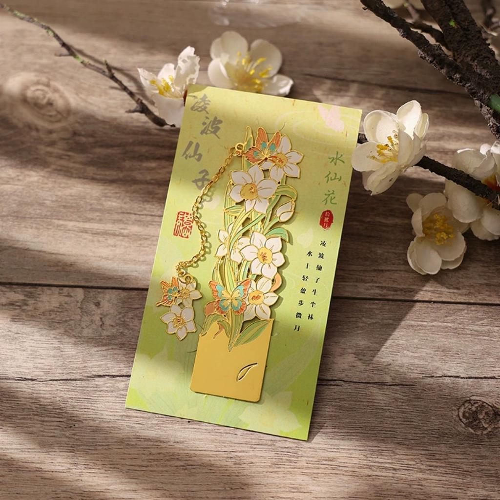 12 Monthly Climate Flowers Bookmark Exquisite Artistic Metal Bookmarks with Long Chain Tassel Students Book Clip Reading Tool