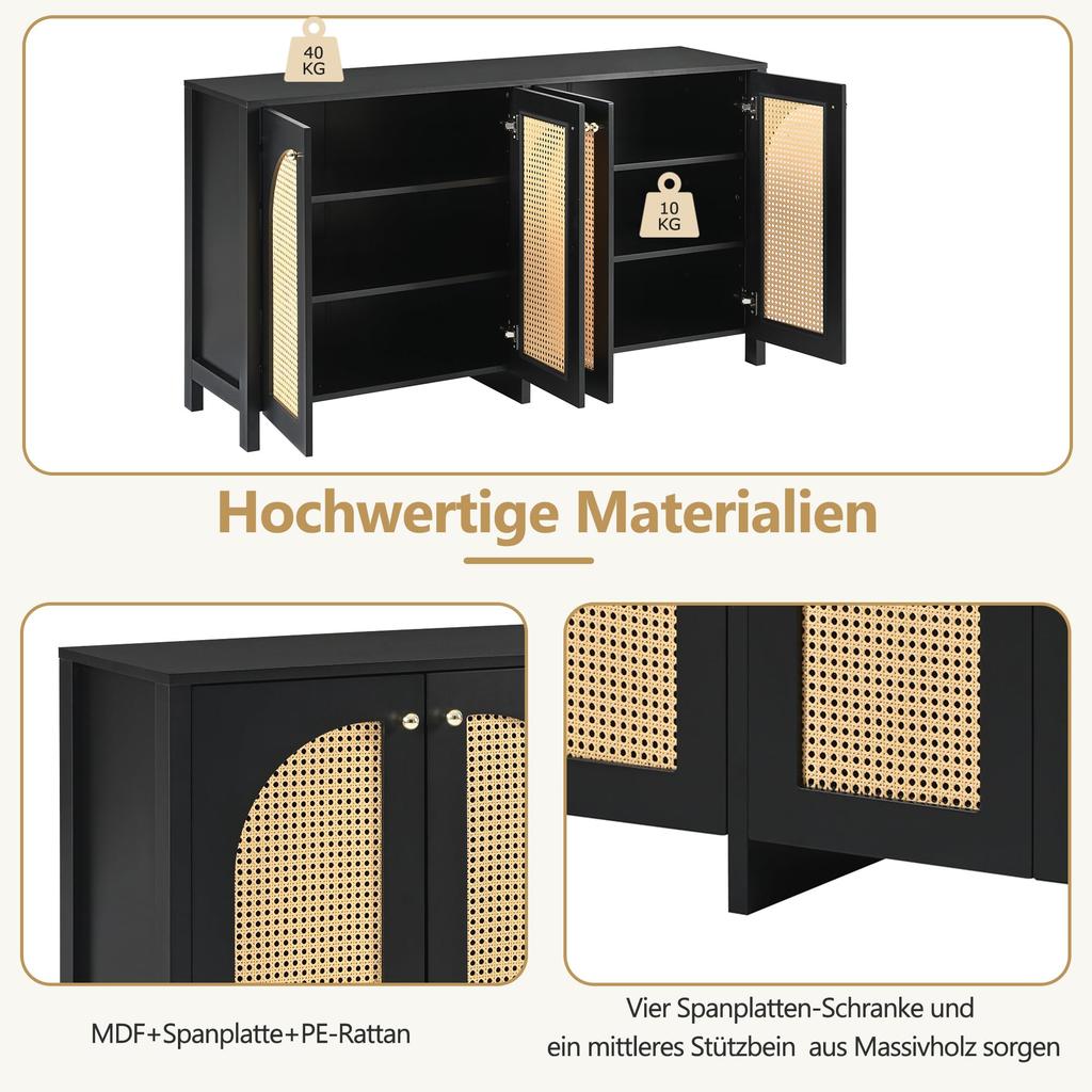 Sideboard with 4 Rattan Doors, Modern Buffet Cabinet Multipurpose Cabinet with Ample Storage Space, Adjustable Shelf, Side Cabinet for Living Room/dining Room