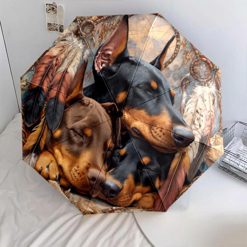 Retro Dog  Pattern, Automatic Folding Umbrella, Portable and Foldable Design, 8 Ribs, a Christmas or Birthday Gift.