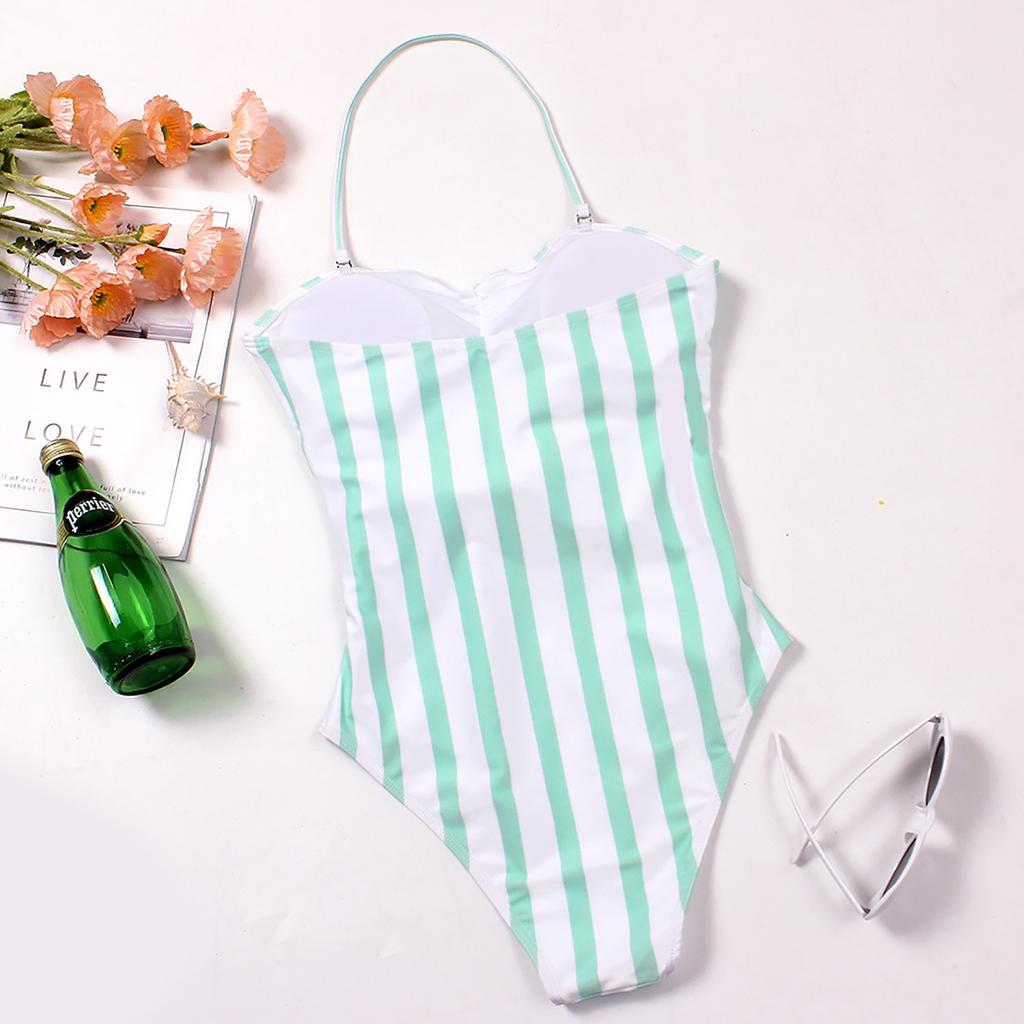 Women One Piece Swimsuit Strapless Bandeau Tie Front Ruched Detail High Cut Leg Swimwear Bathing Suit