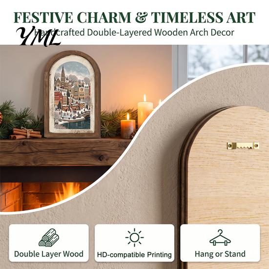 Arte Decorativa da Parete Cornice Portafoto in Legno Arcuata Vintage con Illustrazione Natalizia, Invecchiata Retrò per Decorazione Desktop e Camino,