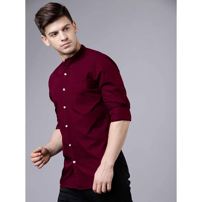 Rebelify Men' Cotton Blend Regular Fit And Button Down Long Sleeve Mandarian Neck Chinese Collard To
