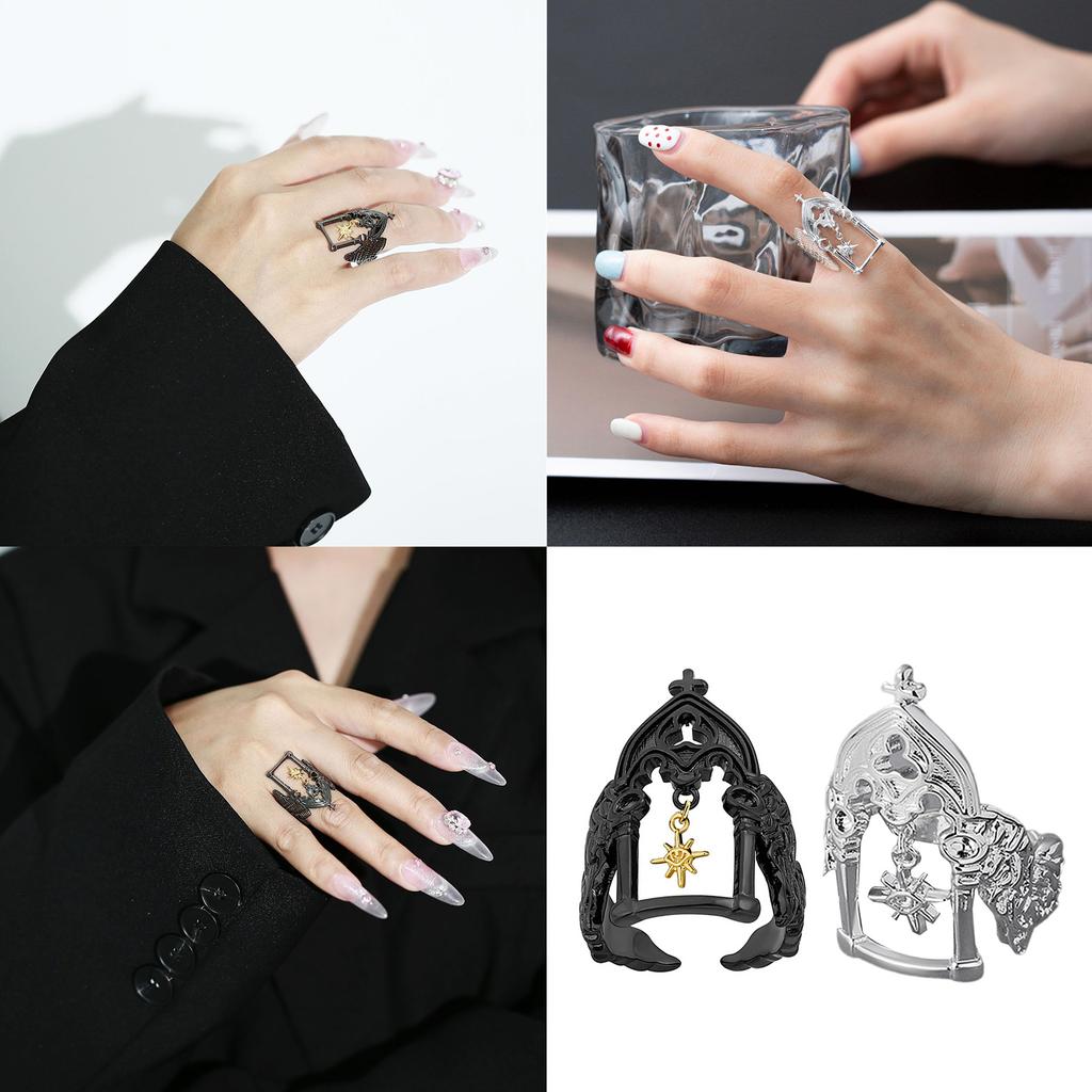 Vintage Castle Sun Pattern Open Ring Adjustable Size Finger Ring Unisex Fashion Jewelry for Parties and Weddings
