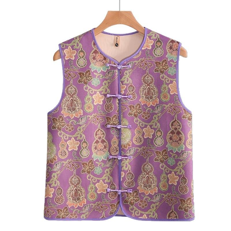 National Style Spring and Autumn Vest Fashion All-match Retro Disc Buckle New Chinese Style Blouse Jacquard Round Neck Waistcoat Women