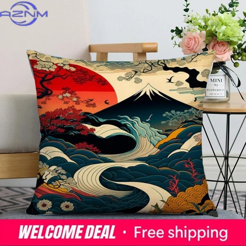 Home Decor Japanese Style Fujiyama And Wave Pillow Covers Pattern Cushion Cover Suitable For Sofa Bedroom Car Pillow Cover