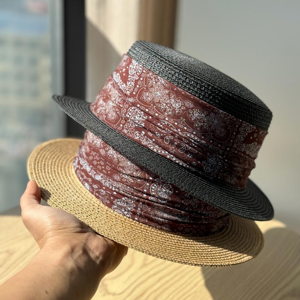 Elegant Retro Straw Hat Women's Summer Sun Protection Hat Printed Sun Hat Vacation Straw Top Hat