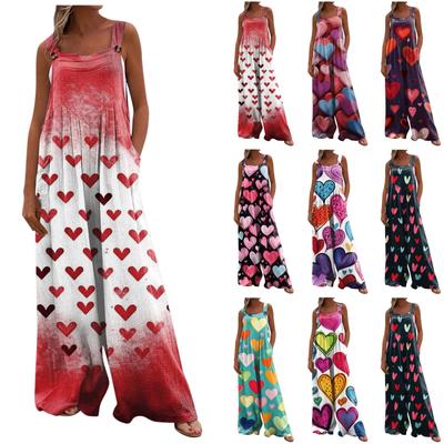 Wide Leg Overalls For Women Casual Loose Sleeveless Jumpsuits Valentine's Day Print Button Long Pant Romper Jumpsuit With Pockets