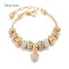 Gold Plated Charm Bracelet Diy Large Hole Beads Bracelet Rhinestone Heart Pendant Adjustable Chain Jewelry For Women Party Gift