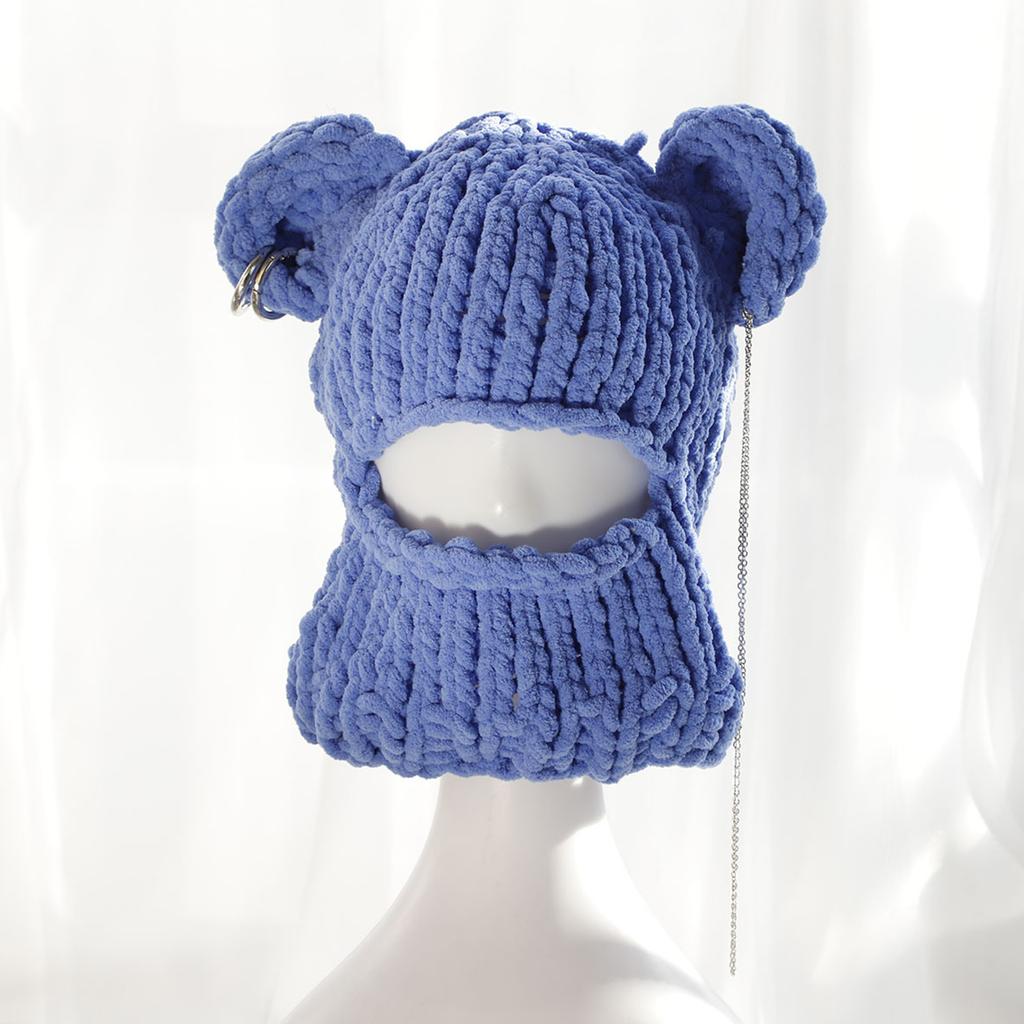 Knitting Balaclava Cap for Women Cute Bear Ears Plush Beanie Hat Handmade Face Cover Hat Crochet Hooded Hat for Party