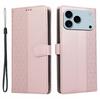 For iPhone 17 Pro Case Splicing Imprinted Rhombus Leather Phone Cover with Wrist Strap