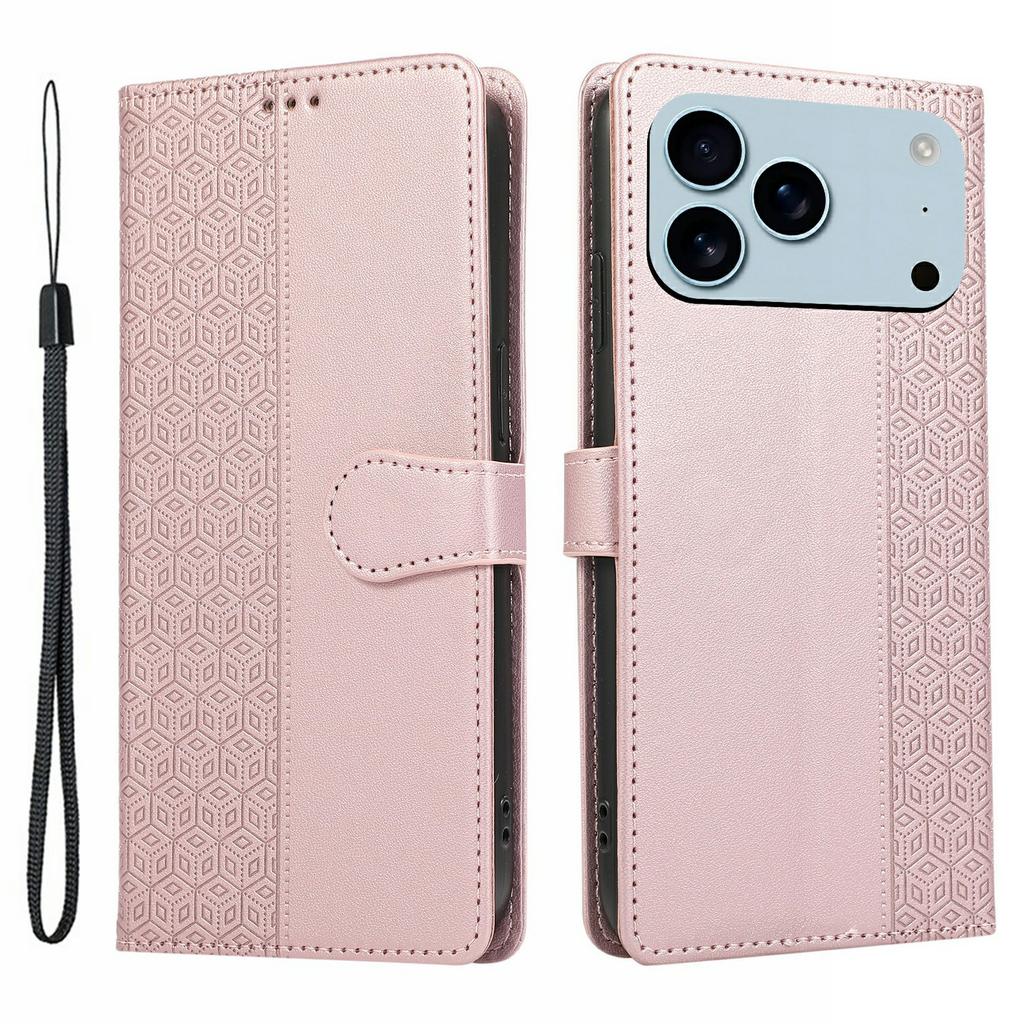 For iPhone 17 Pro Case Splicing Imprinted Rhombus Leather Phone Cover with Wrist Strap