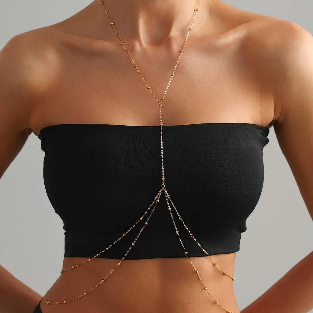 Ingemark Trendy Multi-layer Stainless Steel Gold Color Chest Chain Women Bohemian Imitation Pearl Belly Waist Chain Body Jewelry