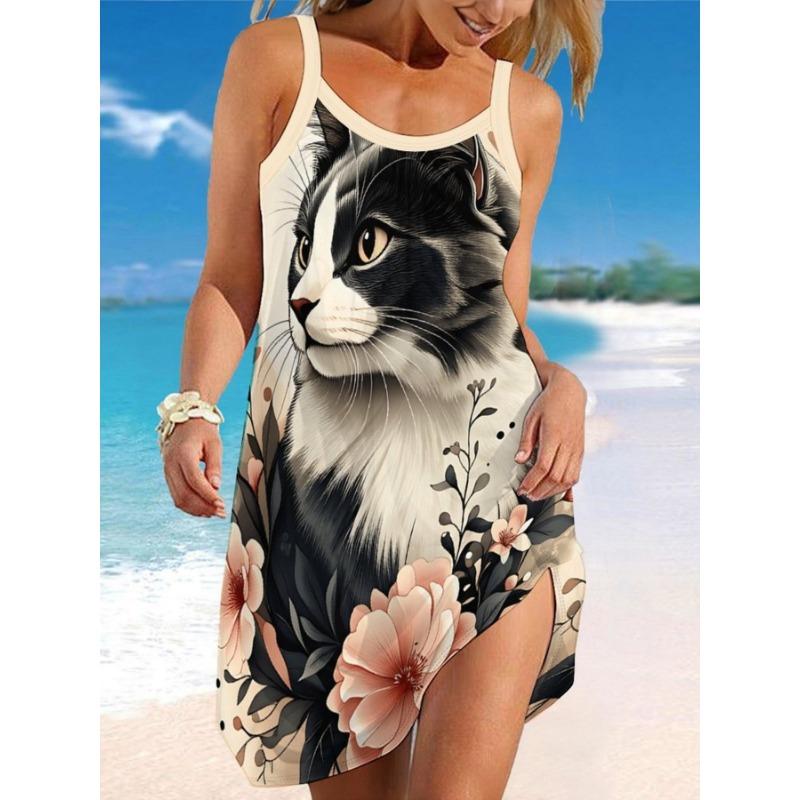 

Элегантное платье на тонких бретельках с 3D цветочным принтом Пляжное платье 5XL